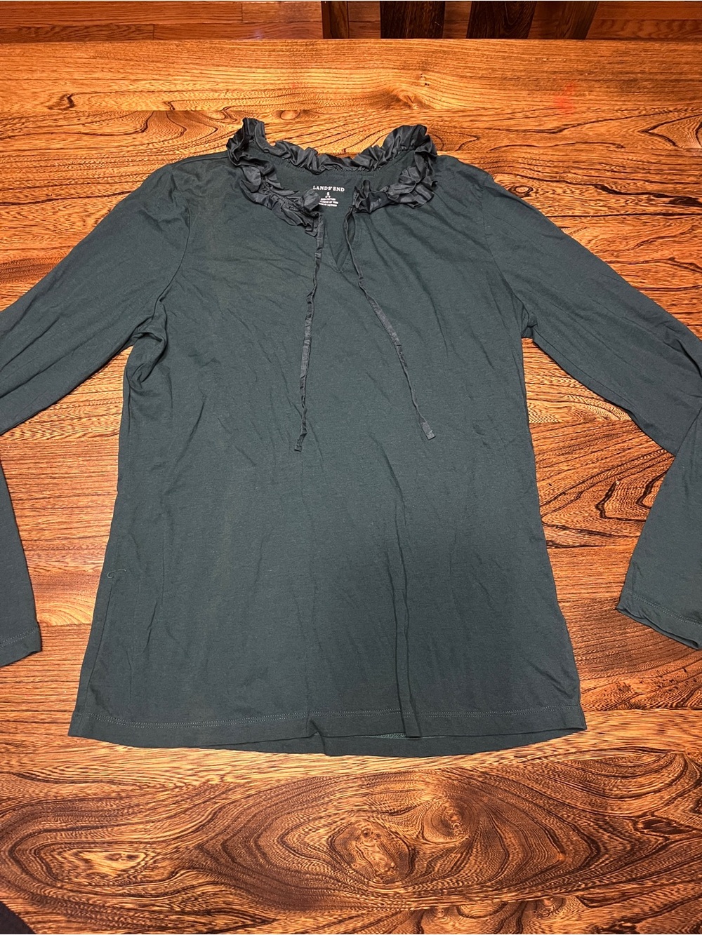 Lands' End Women's Dark Green Ruffle Neck Long-Sleeve Top Size Small
